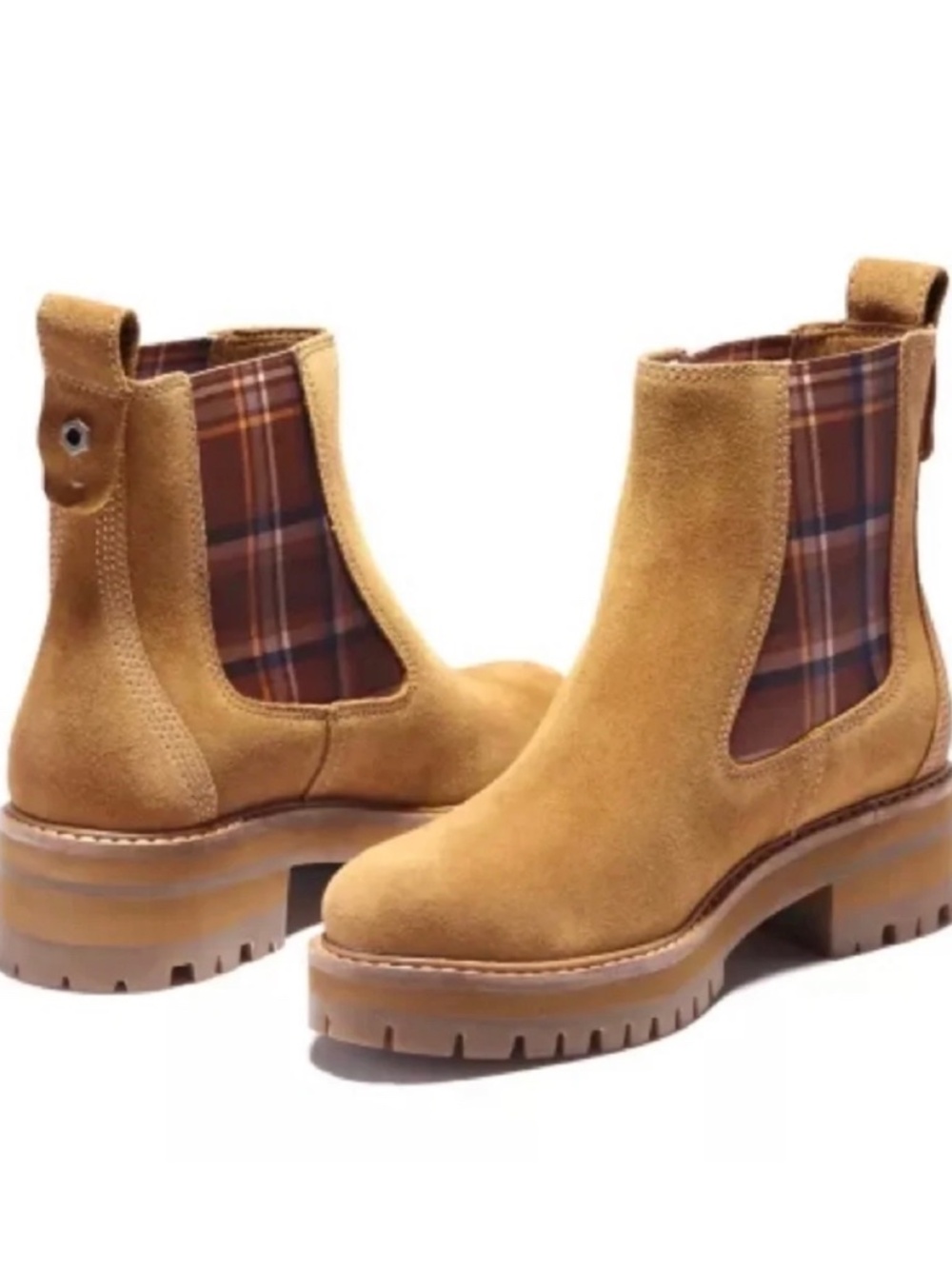 Timberland Courmayer Tan Suede Chelsea Booties with Plaid Insets